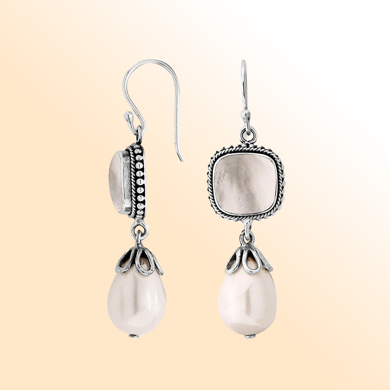 Sterling Silver Mother Of Pearl And Shell Pearl Drop Earrings With Ornate Silver Design