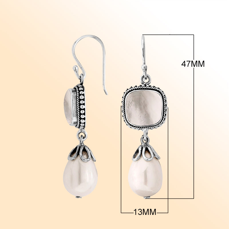 Sterling Silver Mother Of Pearl And Shell Pearl Drop Earrings With Ornate Silver Design