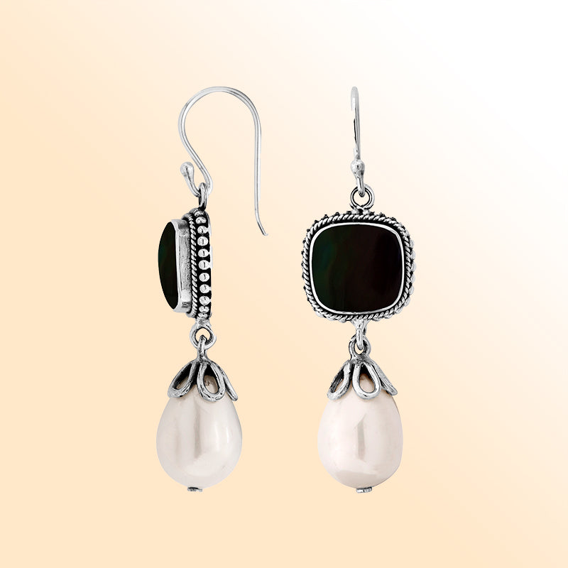 Elegant Sterling Silver Earrings With Black Shell Top And Pearl Drop