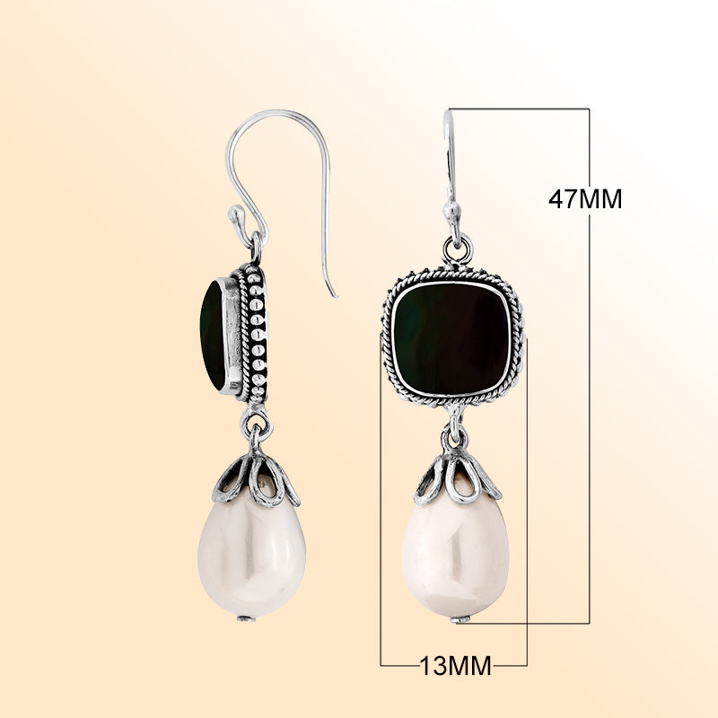 Elegant Sterling Silver Earrings With Black Shell Top And Pearl Drop
