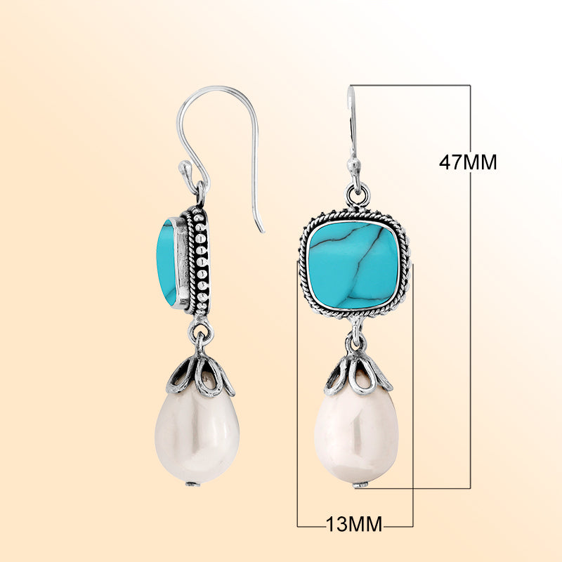 Elegant Sterling Silver Earrings With Turquoise Shell And Shell Pearl