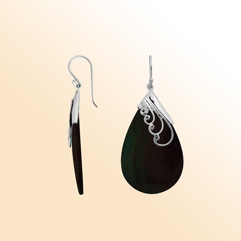 Elegant Sterling Silver Earrings With Black Shell Teardrops
