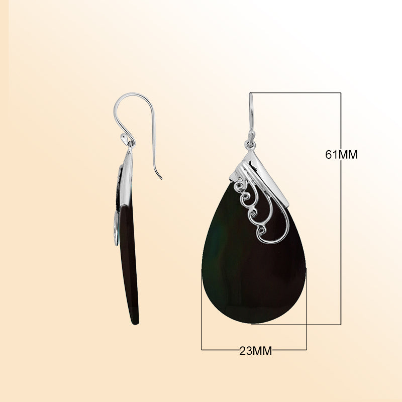 Elegant Sterling Silver Earrings With Black Shell Teardrops