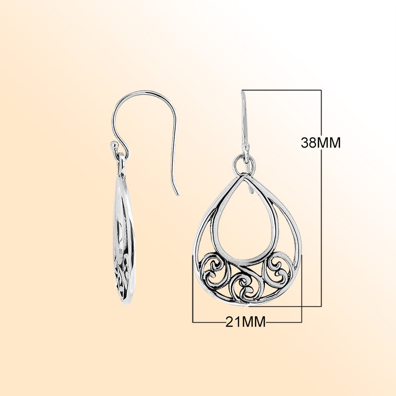 Elegant Sterling Silver Teardrop Earrings With Swirl Filigree