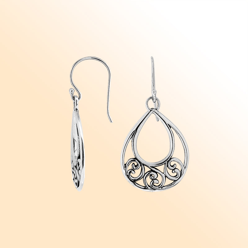 Elegant Sterling Silver Teardrop Earrings With Swirl Filigree