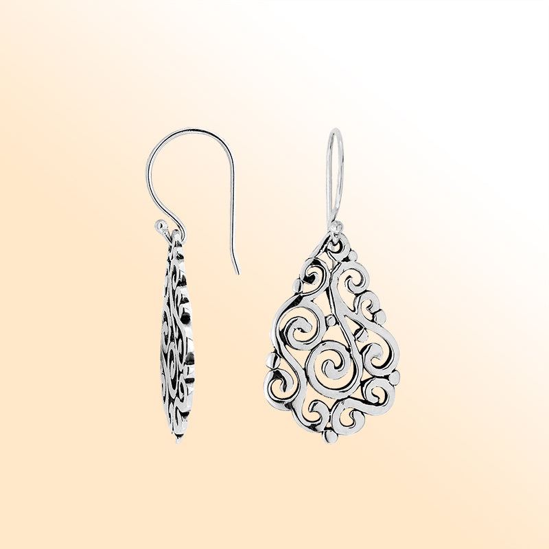 Elegant Sterling Silver Teardrop Earrings With Swirl Filigree