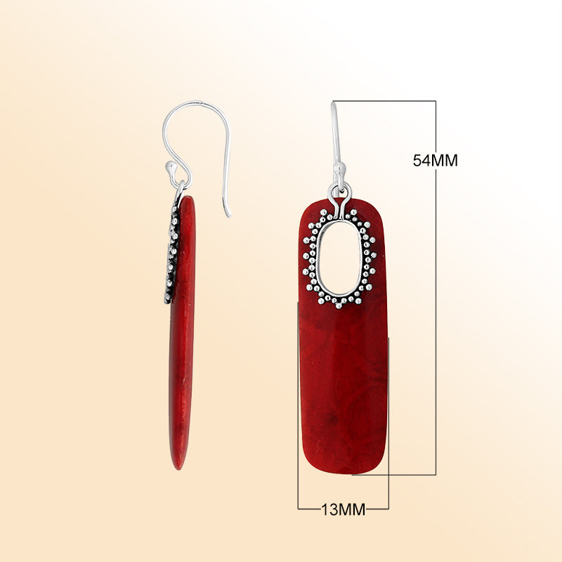 Artistic Red Coral Sterling Silver Oval Frame Earwire Earrings