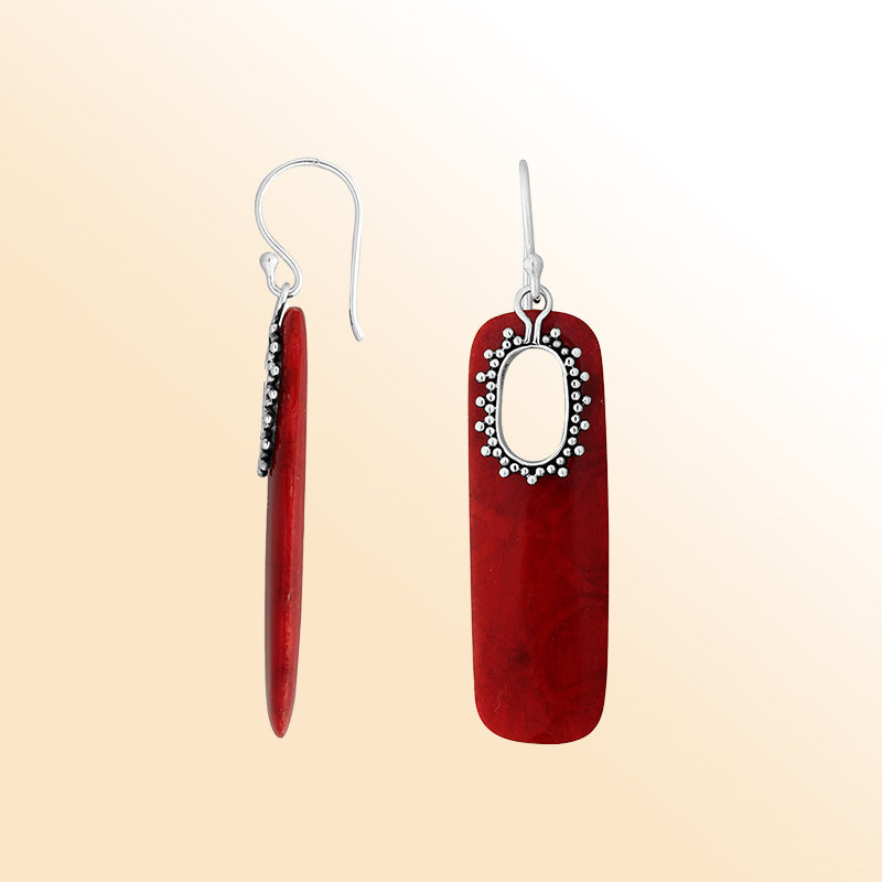 Artistic Red Coral Sterling Silver Oval Frame Earwire Earrings
