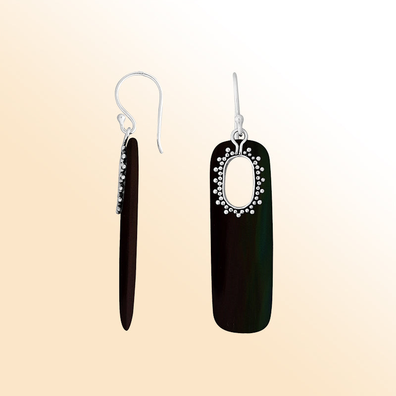 Artistic Black Shell Sterling Silver Oval Frame Earwire Earrings