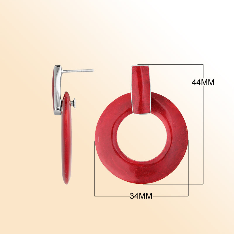 Artistic Red Coral Sterling Silver Round Hoop Push Back Earrings