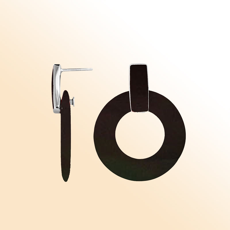 Artistic Black Shell Sterling Silver Round Hoop Push Back Earrings