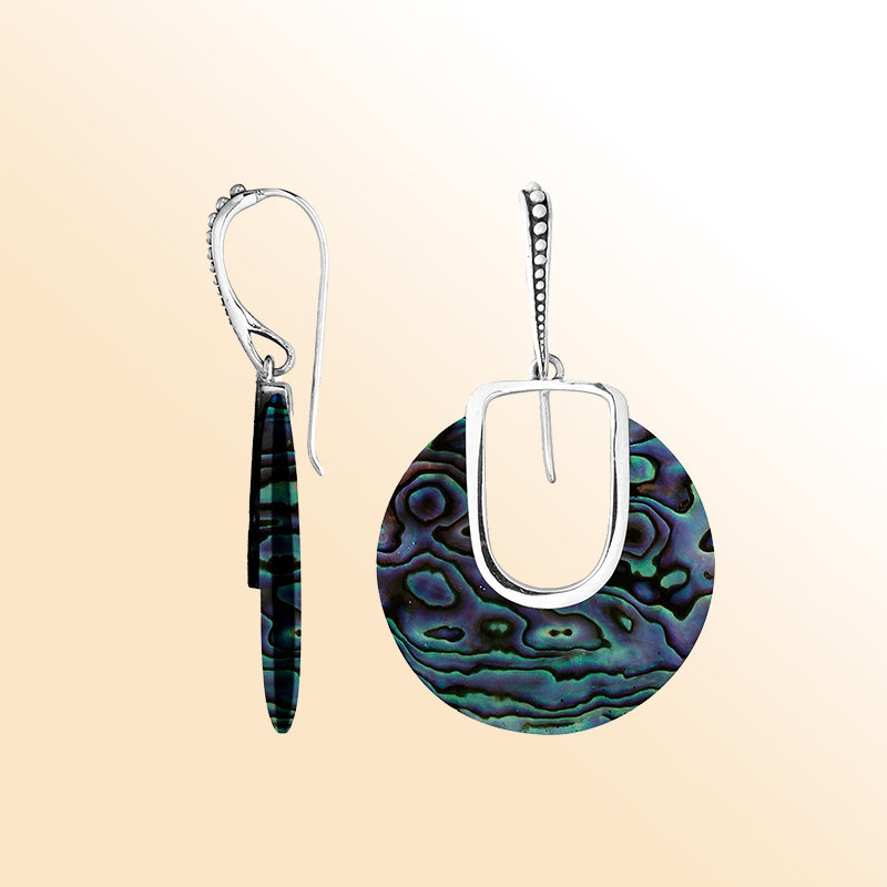 Artistic Abalone Shell Sterling Silver Round Drop Earwire Earrings