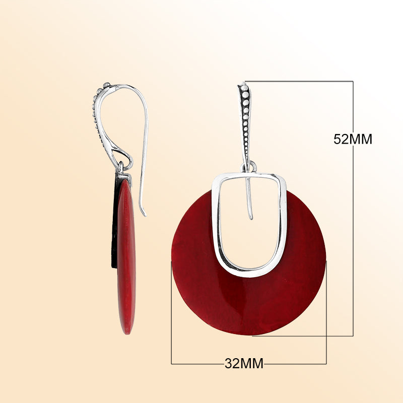 Artistic Red Coral Sterling Silver Round Drop Earwire Earrings