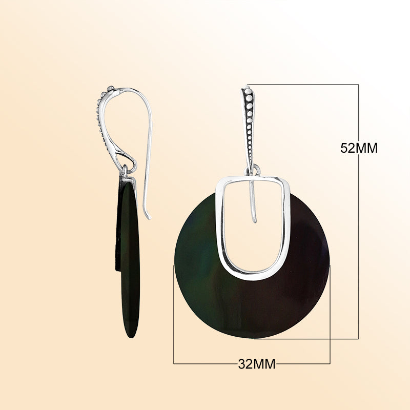 Artistic Black Shell Sterling Silver Round Drop Earwire Earrings