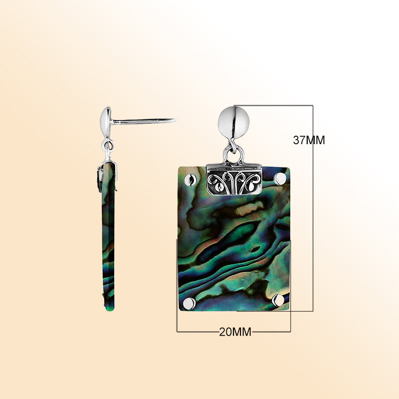 Artistic Abalone Shell Sterling Silver Rectangular Drop Push Back Earrings
