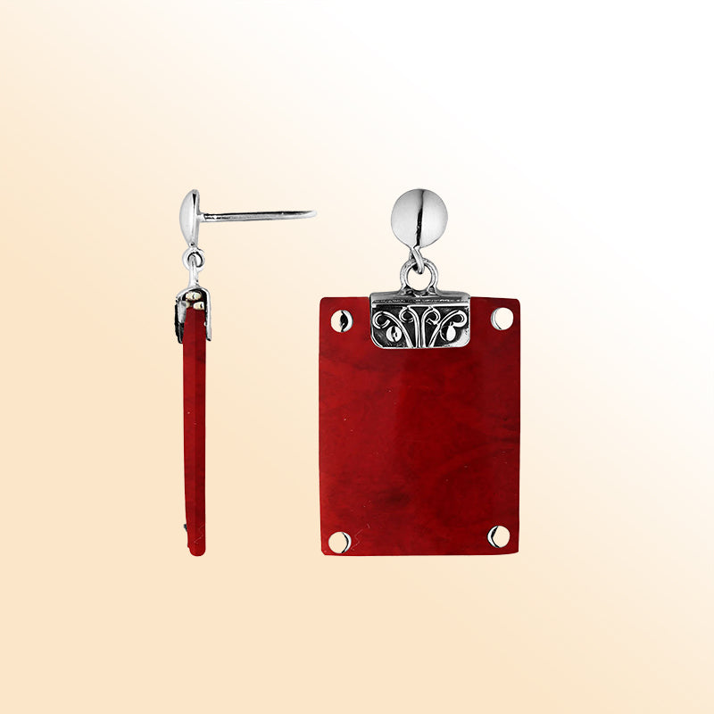 Artistic Red Coral Sterling Silver Rectangular Drop Push Back Earrings