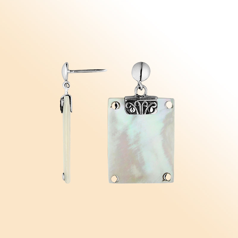 Artistic Mother Of Pearl Sterling Silver Rectangular Drop Push Back Earrings