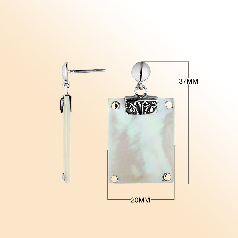 Artistic Mother Of Pearl Sterling Silver Rectangular Drop Push Back Earrings