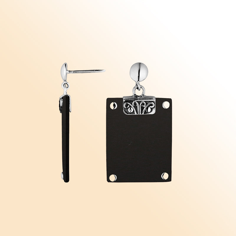 Artistic Black Shell Sterling Silver Rectangular Drop Push Back Earrings