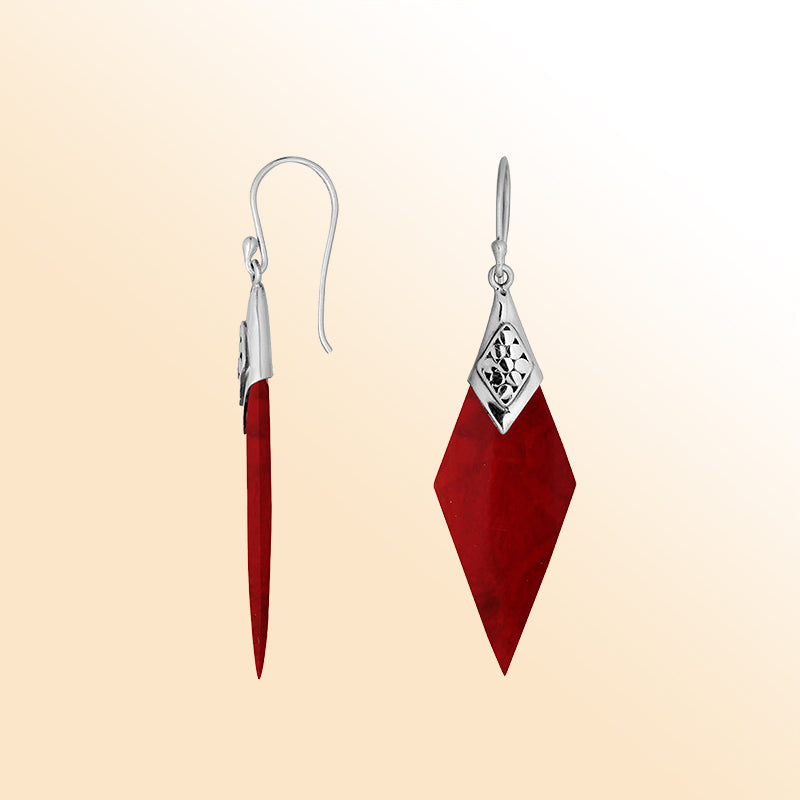 Artistic Red Coral Sterling Silver Diamond Drop Earwire Earrings