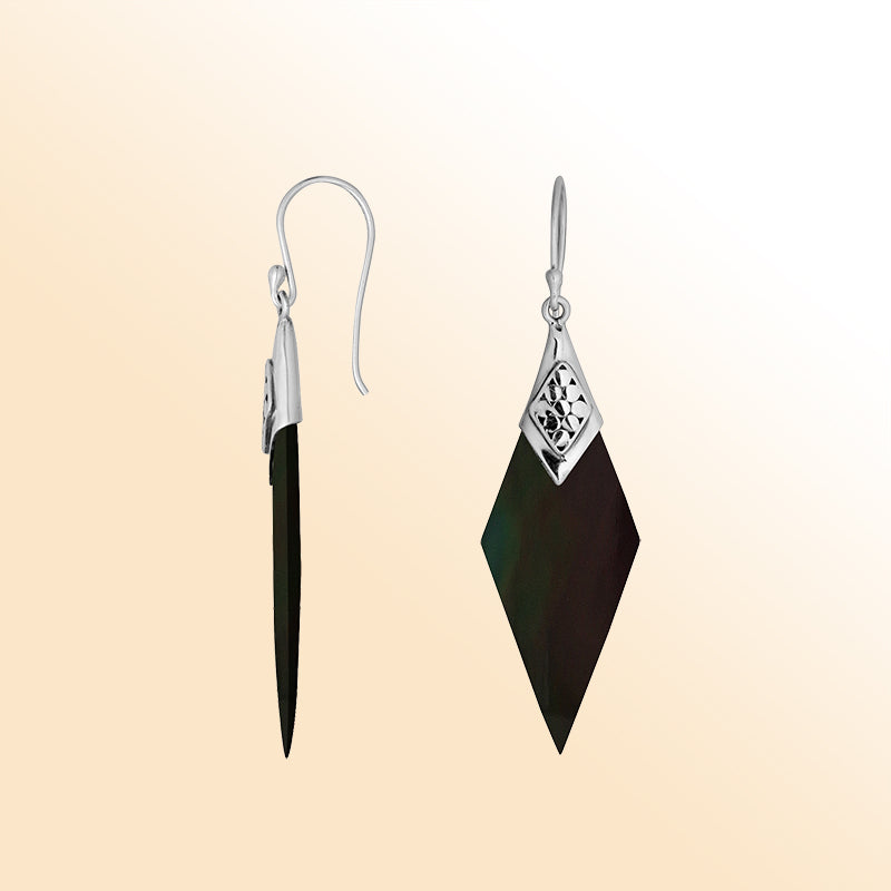 Elegant Silver Black Shell Earrings With Filigree
