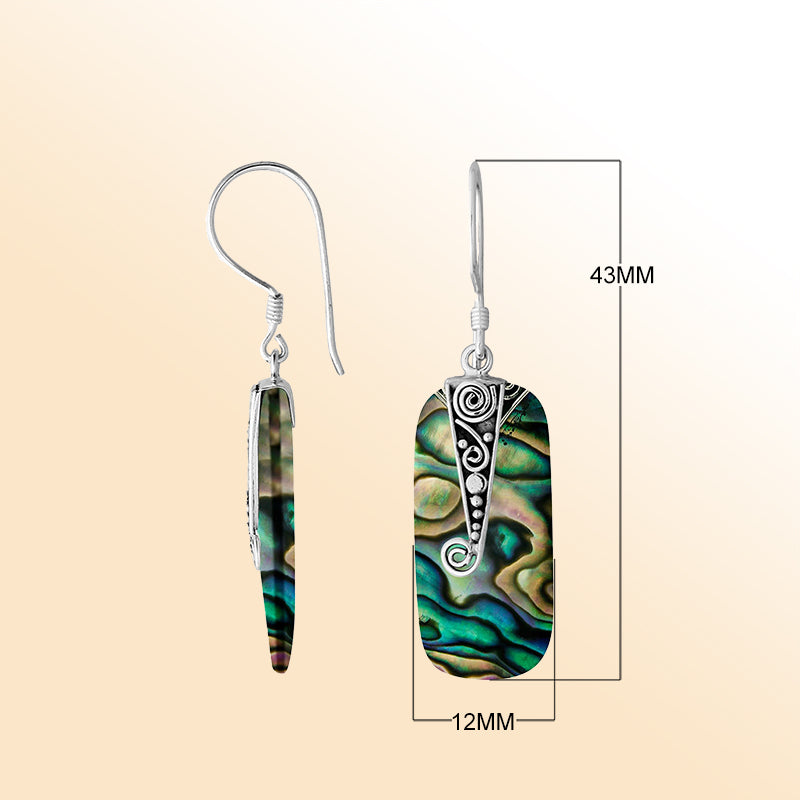 Elegant Silver Abalone Shell Earrings With Spiral Filigree