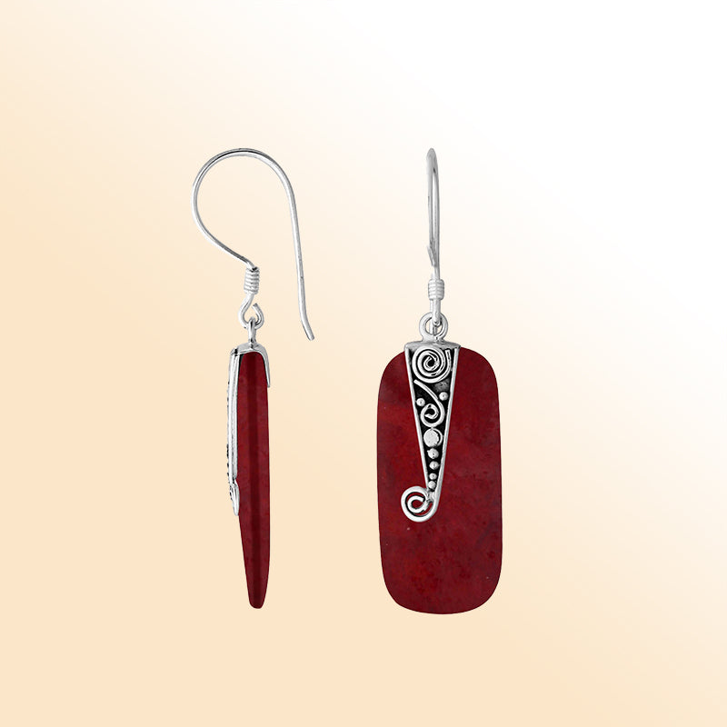 Elegant Silver Red Coral Earrings With Spiral Filigree