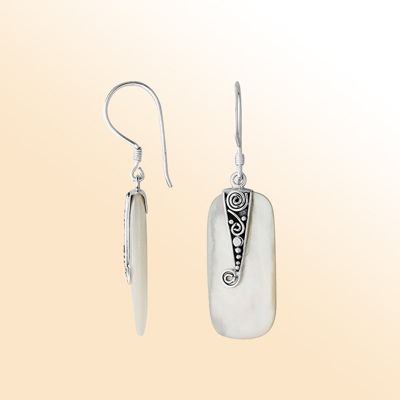 Elegant Silver Mother Of Pearl Earrings With Spiral Filigree