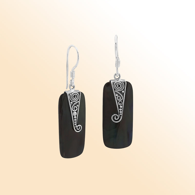 Elegant Silver Black Shell Earrings With Spiral Filigree