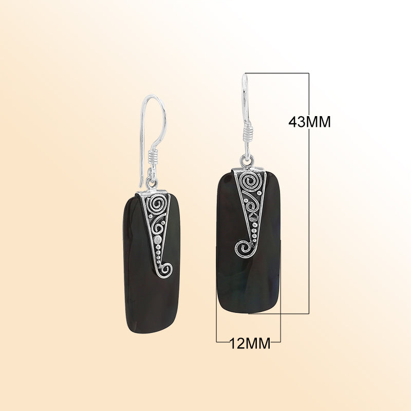 Elegant Silver Black Shell Earrings With Spiral Filigree