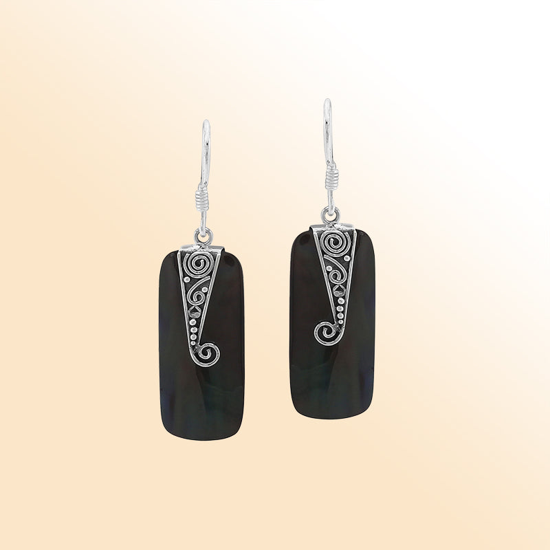 Elegant Silver Black Shell Earrings With Spiral Filigree