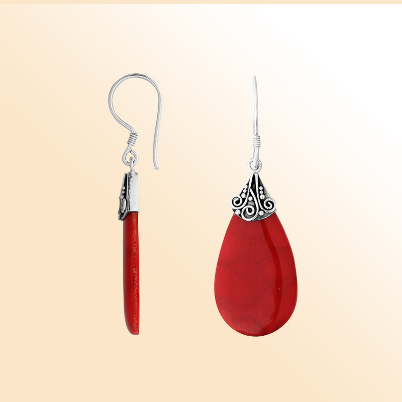 Elegant Silver Red Coral Teardrop Earrings With Filigree