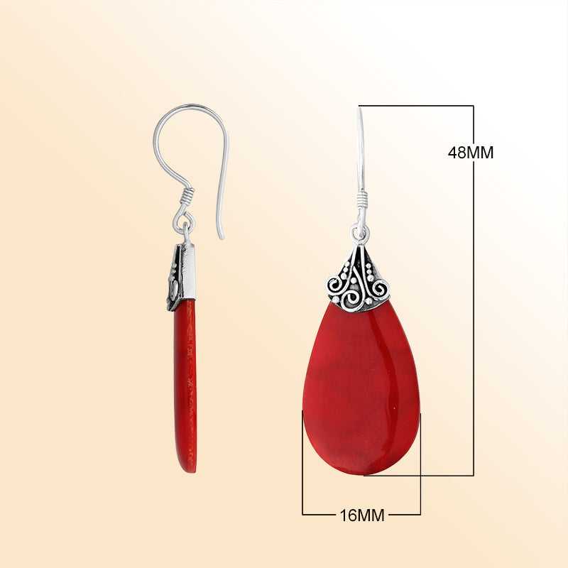 Elegant Silver Red Coral Teardrop Earrings With Filigree