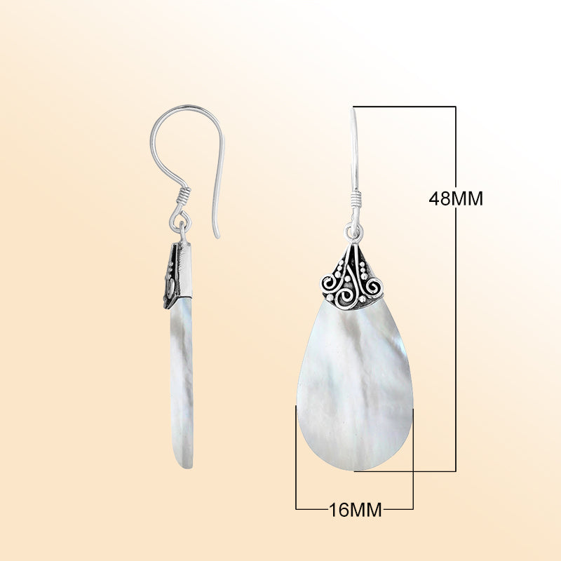 Elegant Silver Mother Of Pearl Teardrop Earrings With Filigree