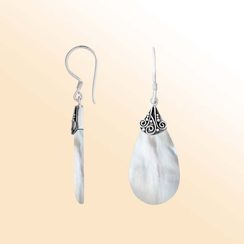 Elegant Silver Mother Of Pearl Teardrop Earrings With Filigree