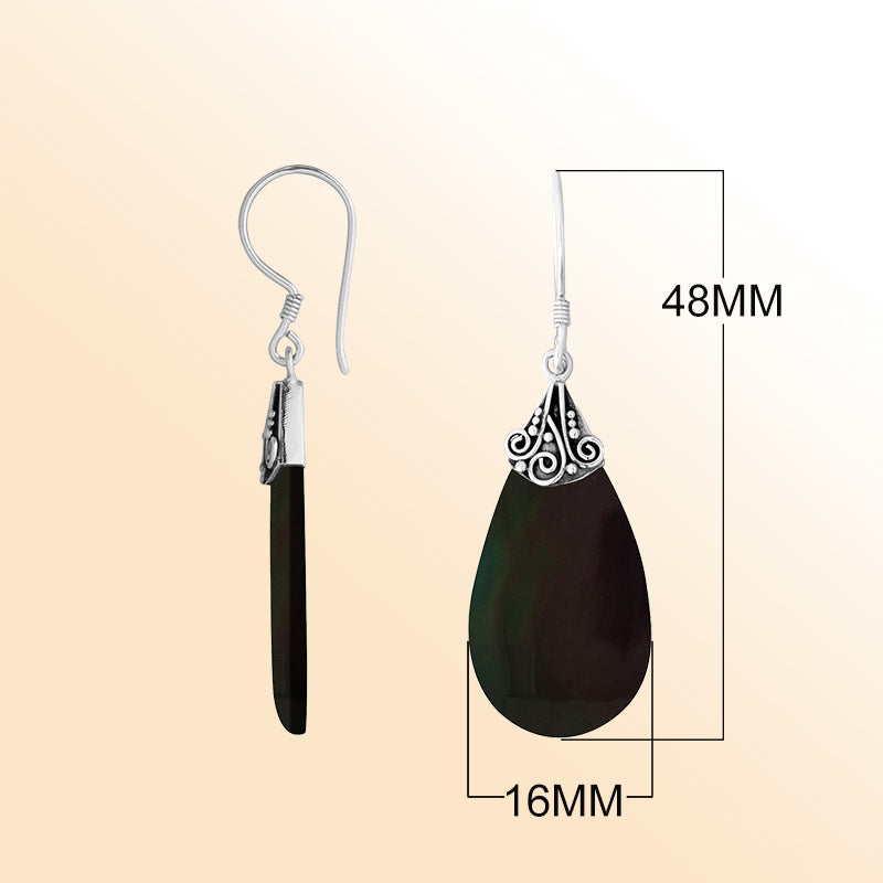 Elegant Silver Black Shell Teardrop Earrings With Filigree