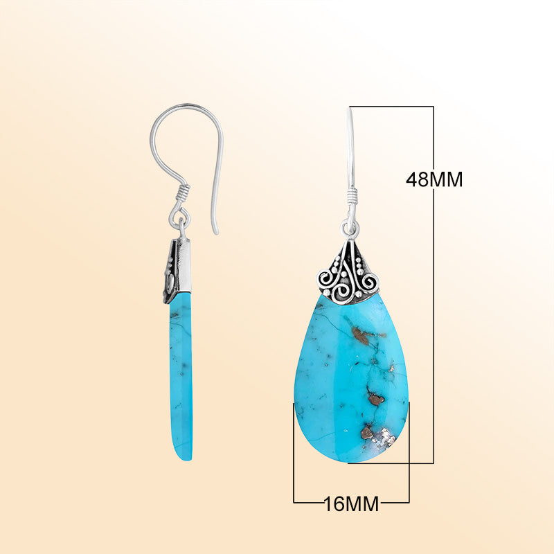 Elegant Silver Turquoise Shell Teardrop Earrings With Filigree