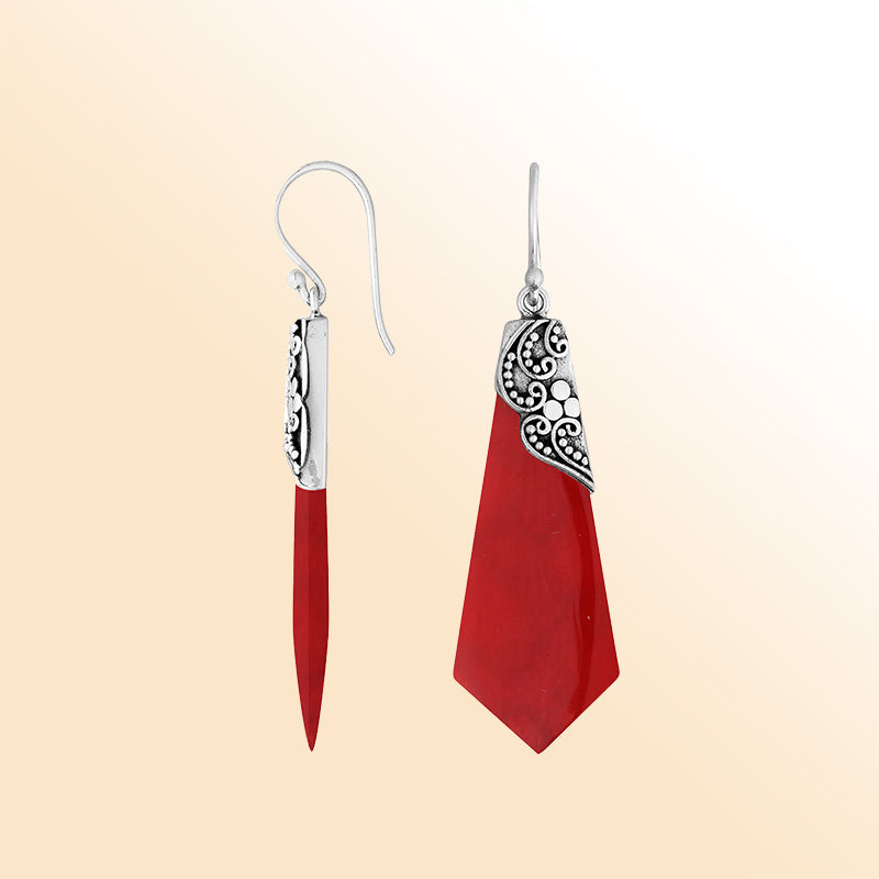 Elegant Silver Red Coral Earrings With Geometric Filigree