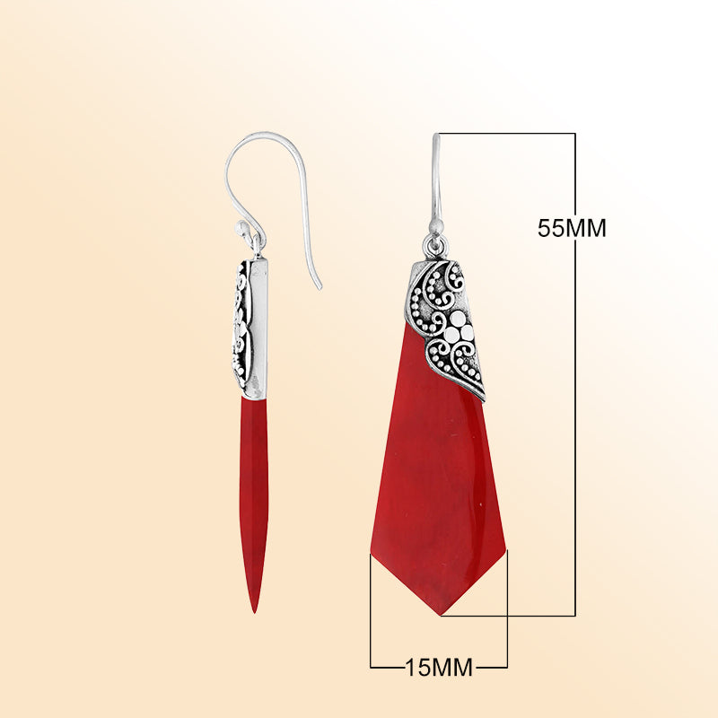 Elegant Silver Red Coral Earrings With Geometric Filigree