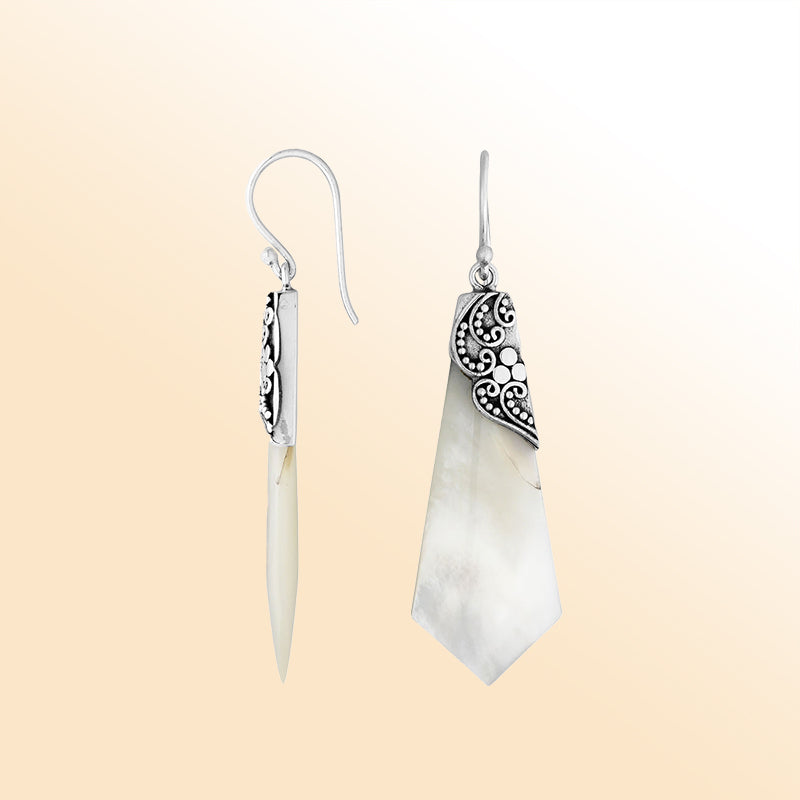 Elegant Silver Mother Of Pearl Earrings With Filigree