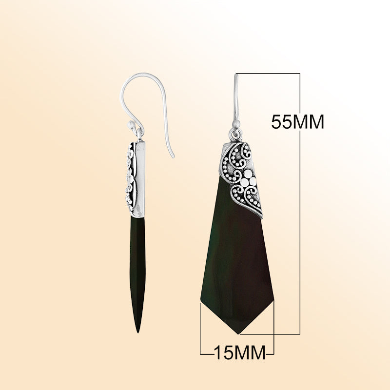 Elegant Silver Black Shell Earrings With Geometric Filigree Design