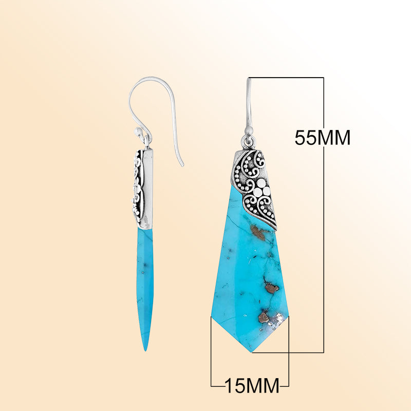 Elegant Silver Turquoise Shell Earrings With Geometric Filigree Design