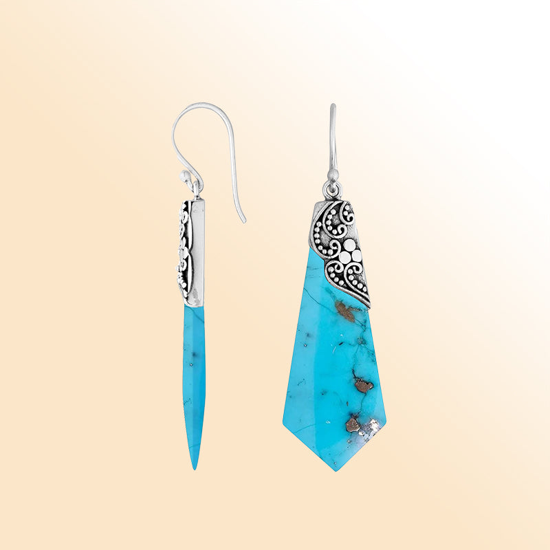 Elegant Silver Turquoise Shell Earrings With Geometric Filigree Design