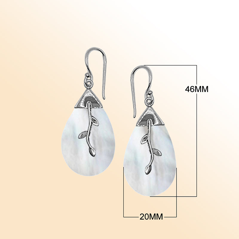 Silver Mother Of Pearl Leaf Accent Teardrop Earrings