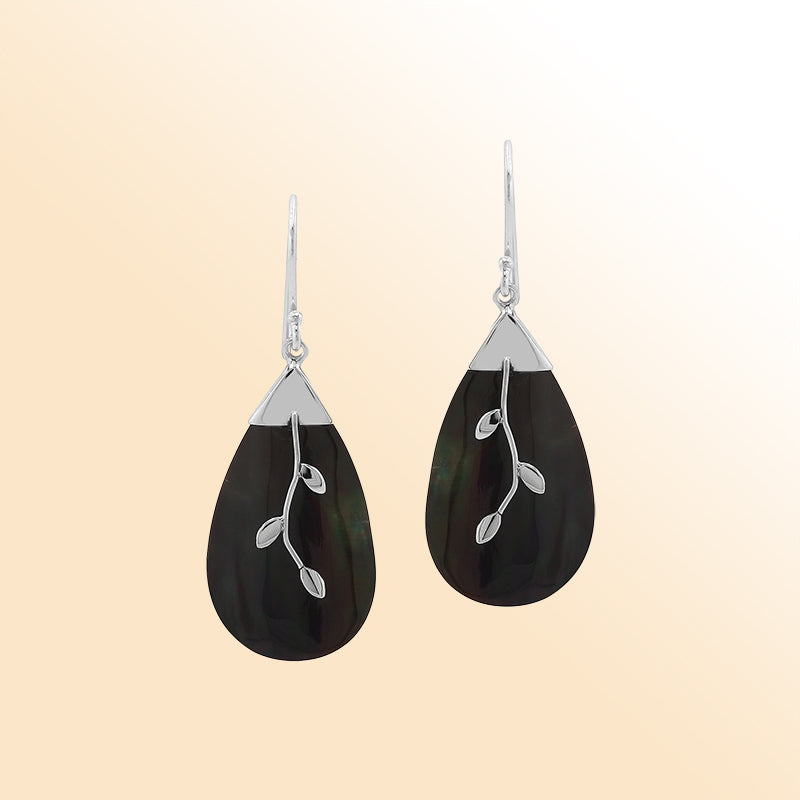 Artistic silver teardrop earrings with black shell