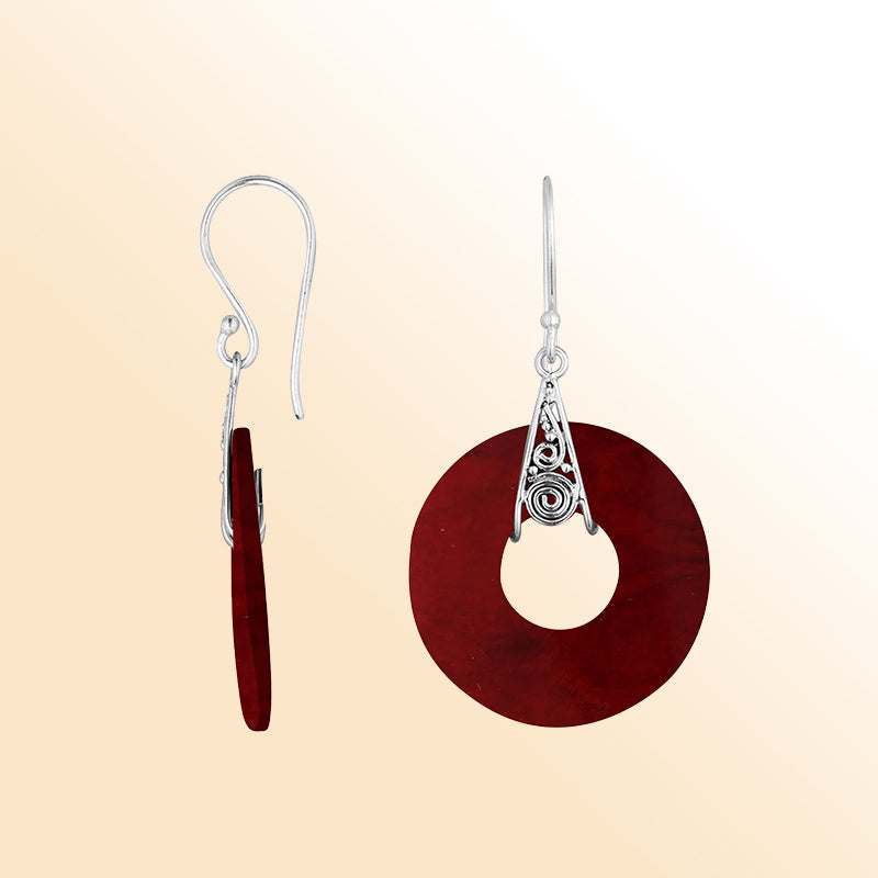 Artistic red coral round silver earrings