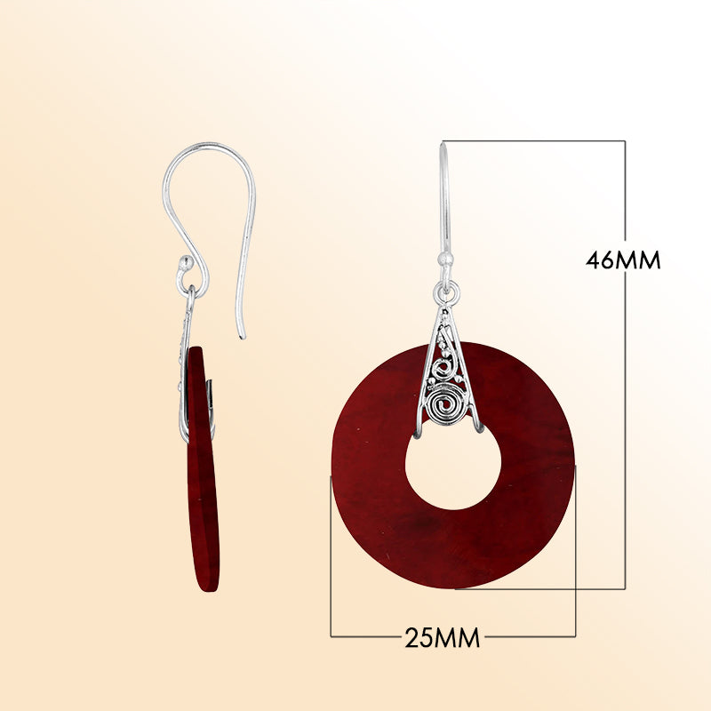 Artistic red coral round silver earrings