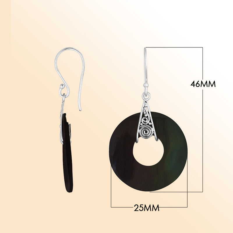 Artistic black shell round silver earrings