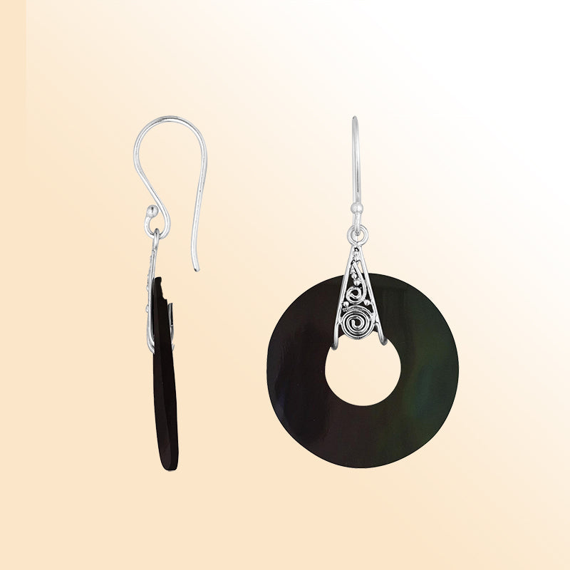 Artistic black shell round silver earrings