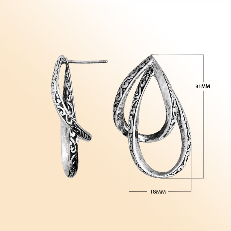 Artistic silver engraved double loop earrings